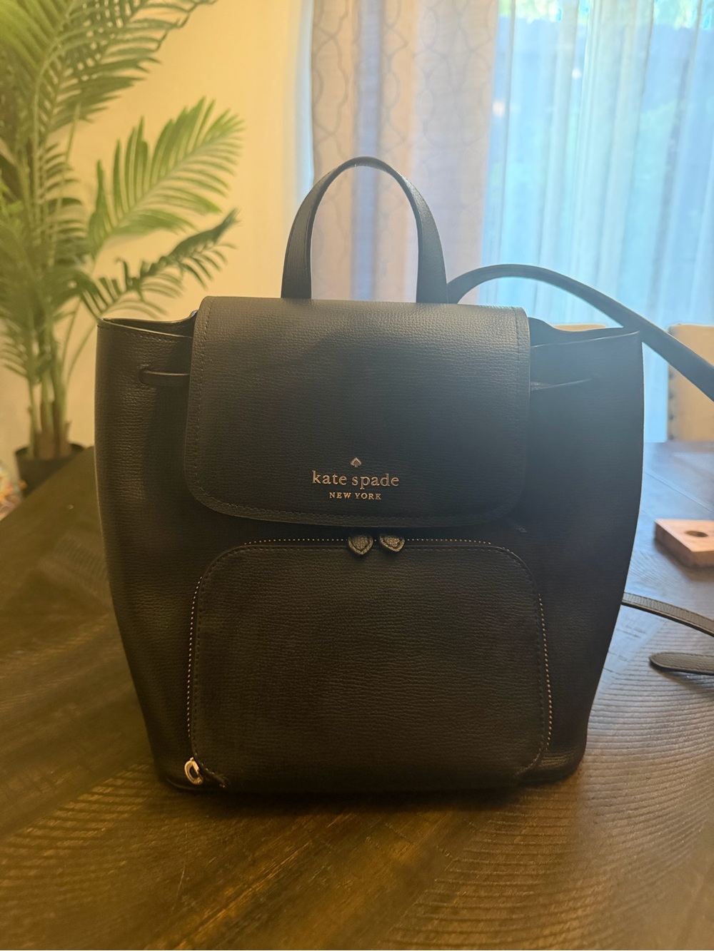 kate spade Black Leather Backpack with Front Zip Pocket